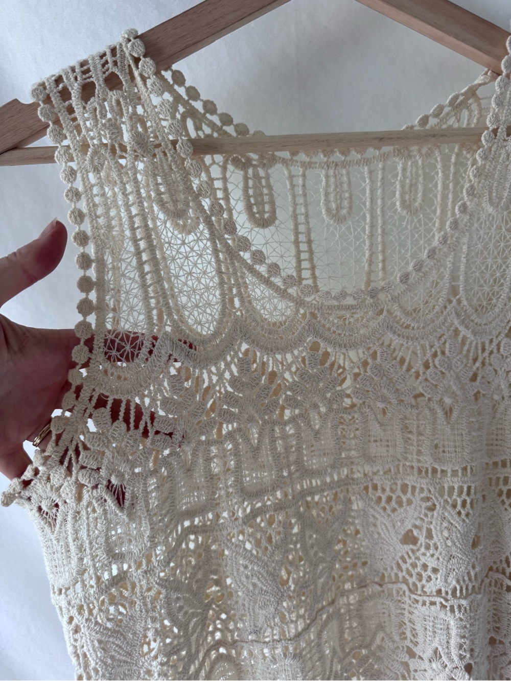 Ivory Crochet Lace Mini Dress Sheer Boho Tunic XS S - Picture 3 of 11